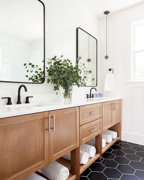 Customer Room Gallery - The Tile Shop Black Tile Bathrooms, Black And White Tile, Master Bath Remodel, Black Tiles, Upstairs Bathrooms, Bathroom Renos, Bathroom Remodel Master, Bath Remodel, House Bathroom