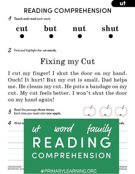 UT word family reading comprehension simple story for kindergarten kids! This worksheet has 6 activities, including reading passage and focuses on words ending -ut. #kindergarten #preschool #phonics #reading #readingcomprehension #readingfiction https://primarylearning.org/worksheet/ut-word-family-reading-comprehension/?utm_source=pinterest&utm_medium=social&utm_campaign=reading&utm_term=wodrd_families&utm_content=reading_comprehension Word Family Reading Comprehension, Family Reading Comprehension, Story For Kindergarten, Word Family Reading, Preschool Phonics, Phonics Reading Passages, Reading Comprehension Kindergarten, Word Family Worksheets, G Words