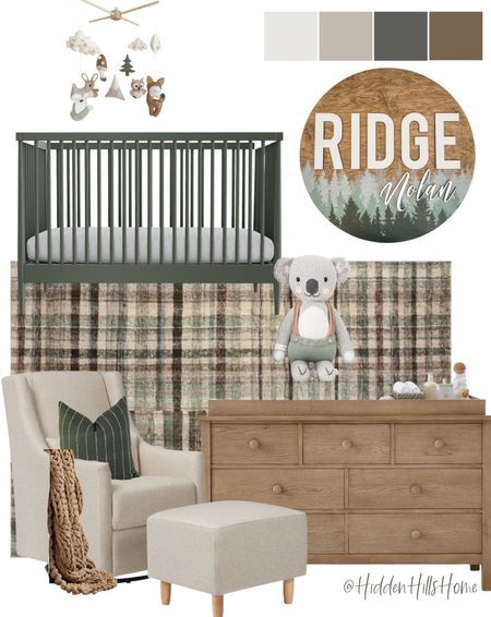 Forest Green Crib Nursery, Cabin Theme Nursery, Baby Boy Green Nursery, Brown Crib Nursery, Green Crib Nursery, Dark Green Nursery Boy, Brown Nursery Ideas, Green And Grey Nursery, Masculine Nursery