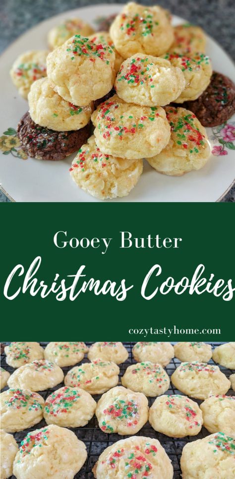 Easy to make, soft, gooey, tasty butter cookies decorated for Christmas. Christmas Poet Gooey Butter Cookies, Oey Goey Butter Christmas Cookie, Oort Gooey Butter Cookies, Christmas Gooey Butter Cookies, Christmas Ooey Gooey Butter Cookies, Different Cookie Recipes, Butter Christmas Cookies, Healthy Oatmeal Chocolate Chip Cookies, Christmas Tuesday