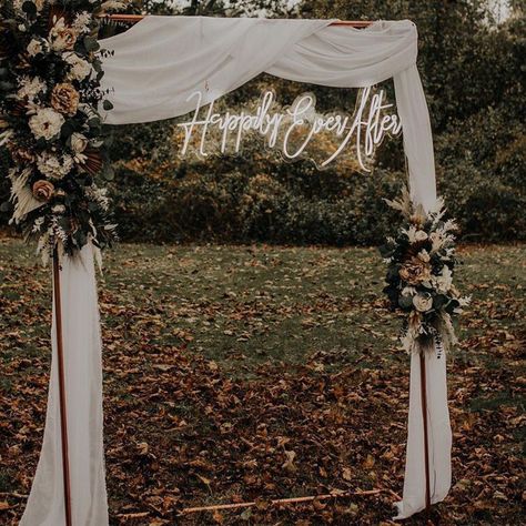 Neon Sign Hanging From Arch, Wedding Photo Backdrop With Neon Sign, Wedding Arch With Led Sign, Arch With Neon Sign Wedding, Wedding Arch With Neon Sign, Metal Wedding Arch Ideas, Wedding Photo Arch, Drunk Wedding, Boho Wedding Arch