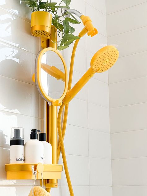 Colorful Shower Head, Colorful Bathroom Ideas Apartment, Maximalist Bathroom Rental, Primary Color Bathroom, Pink Yellow Bathroom, Colorful Bathroom Accessories, Yellow And Pink Bathroom, Dopamine Decor Bathroom, Small Funky Bathroom Ideas