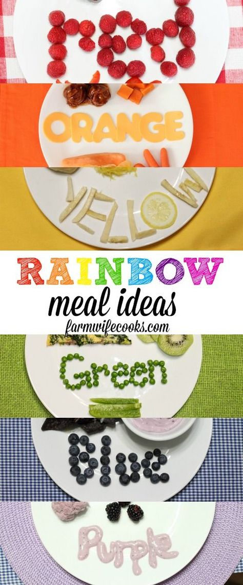 Rainbow Meal Ideas. A dinner for every color of the rainbow! Perfect way to celebrate and learn about colors. Rainbow Dinner, Try New Food, Making A Cookbook, Try New Foods, Toddler Dinner, Kids Cookbook, Yellow Foods, Potluck Dishes, Rainbow Food