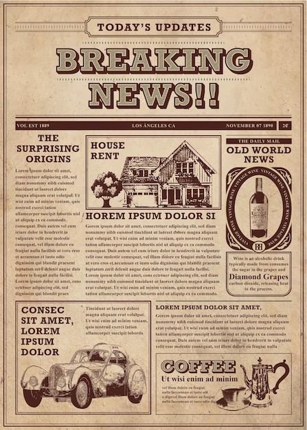 Vector vintage newspaper with house wine... | Premium Vector #Freepik #vector #old-poster #old-style #old-design #vintage Infographic Newspaper Design, Old Newspaper Layout, Old Newspaper Design, Vintage Newspaper Design, Vintage Infographic Design, Newspaper Aesthetic Design, Retro Newsletter, Old Graphic Design, Newspaper Poster Design