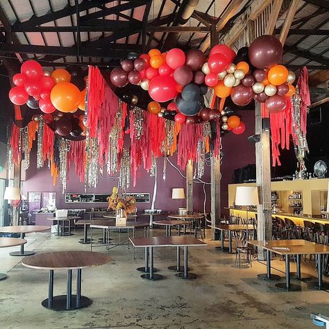 Bar Party Decorations, Balloon Styling, Balloons And Streamers, Fire Theme, Balloons Galore, Coachella Party, Streamer Backdrop, The Floor Is Lava, Wedding Reception Design