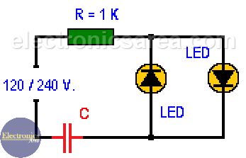 Light-Emitting diode connected to 120/240 VAC. This circuit shows 1 or 2 LEDs. The reduction of the AC input is achieved using a capacitor and a resistor Simple Circuit, Led Diodes, Electronic Circuit Projects, Navigation Lights, Light Emitting Diode, Circuit Projects, Energy Efficient Lighting, Electronics Circuit, Diode