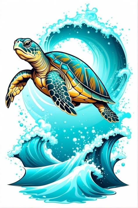 Turtle Tattoo Ideas, Graffiti Art Style, Sea Life Painting, Sea Turtle Pictures, Sea Life Animals, Turtle Sea, Turtle Drawing, Wave Illustration, Print Design Art