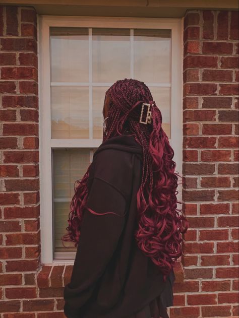 Wine Red Braids For Black Women, Wine Red Box Braids, Red Burgundy Braids, Wine Color Braids, Maroon French Curls Braids, Goddess Braids Red And Black, Wine French Curls Braids, Burgundy Micro Braids, Brown And Red Box Braids