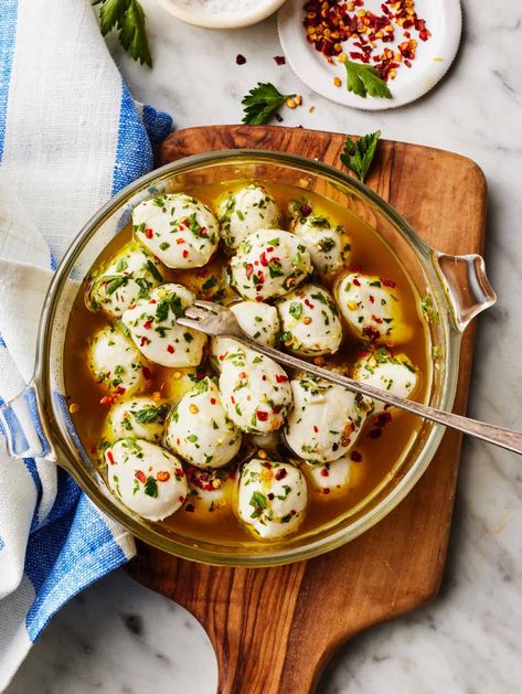 Olive Oil With Herbs, Marinated Mozzarella Balls, Brunch Sweets, Marinated Mozzarella, Eggplant Caponata, Mediterranean Diet Recipes Dinners, Mozzarella Balls, Caprese Skewers, Best Guacamole Recipe