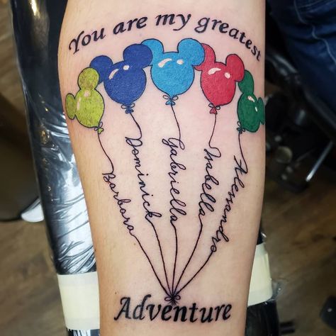 Simple Unique Tattoos, Cute Disney Tattoos, Grandchildren Tattoos, Minnie Tattoo, Tattoos With Names, Mickey Tattoo, Balloon Tattoo, Mickey Mouse Balloons, Tiny Wrist Tattoos