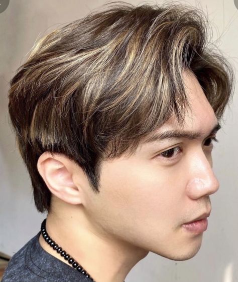 Mens Black Hair With Highlights, Color Block Balayage, Male Hair Highlights, Light Brown Hair With Highlights Men, Hair Color For Men Asian, Highlights Brown Hair Men, Guy Highlights, Balayage Men, Male Highlights