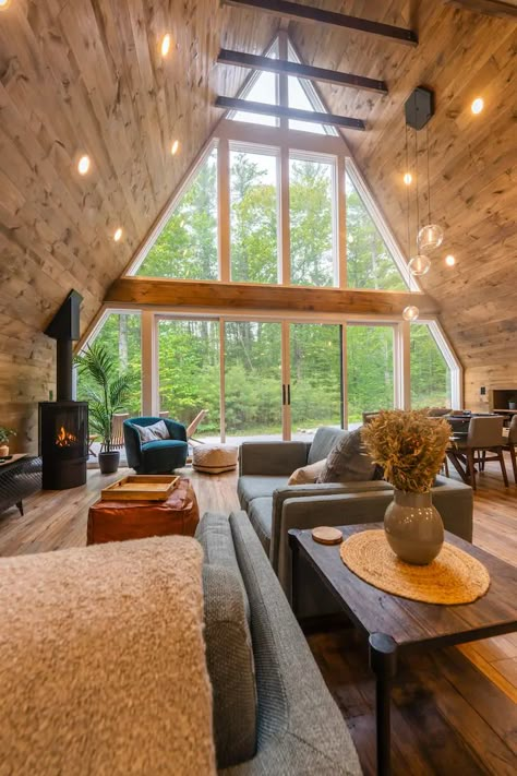 Large A Frame Cabin, A Frame Living Room Ideas, A Frame Lighting, A Frame In The Woods, A Frame Home Interior, A Frame Room Ideas, Small A Frame Cabin Interior, A Frame Cabin Interior Ideas, A Frame Windows