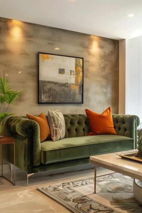 Living With Green Sofa, Green Couch Room Ideas, Green Sofa In Living Room, Green Sofa Ideas, Living Room Decor Green Couch, Moss Green Sofa, Green Sofa Inspiration, Green Couch Decor, Green Sofa Decor