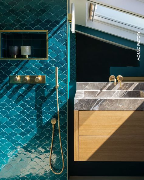 What Color Grout to Use With Blue Tile? - HomeVib Fish Tile Bathroom, Teal Bathroom Ideas, Fish Tiles, Blue Bathroom Tile, Turquoise Tile, Teal Bathroom, Mosaic Bathroom, Zellige Tile, Moroccan Tiles