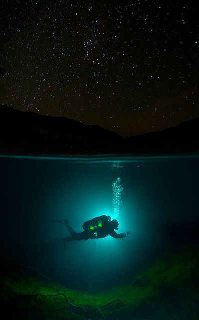 Under the starry sky and sea Underwater Pictures, Under The Water, Deep Blue Sea, Blue Lake, Foto Art, Scuba Diver, Six Feet Under, The Night Sky, Underwater Photography