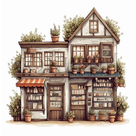 Cafe Apartment Exterior, Bloxburg Shop Exterior, Cafe Exterior Design Drawing, Cafe Shop Illustration, Coffee Shop Concept Art, Cafe Concept Art, Fantasy Coffee Shop Art, Tiny Coffee Shop, Cafe Clipart