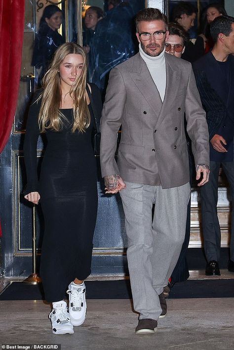 David Beckham walks hand-in-hand with daughter Harper as he and sons Cruz, Brooklyn and daughter-in-law Nicola Peltz head to wife Victoria's Paris Fashion Week show - but Romeo misses out! Mens Celebrity Fashion, Victoria And David Beckham Outfits, Harper Beckham Style, David Beckham And Harper, David Beckham Son, Harper Seven Beckham, David And Victoria Beckham Photoshoot, David Beckham Outfit, David Beckham Paparazzi