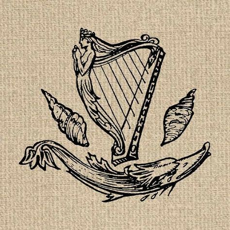 Harp Illustration, Harp Art, Walter Russell, Ireland Tattoo, Deep Images, Woodcut Tattoo, Celtic Harp, Irish Harp, Irish Tattoos