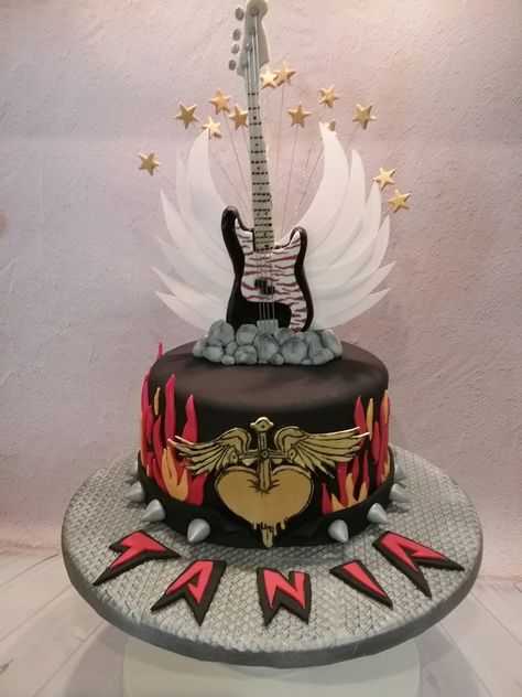 Rock n roll guitar cake by Dimitra Koniosi Markou Rock Themed Cake, Rock And Roll Cake Ideas, Rock N Roll Birthday Cake, Rock And Roll Birthday Cake, Rock N Roll Cake, Rock And Roll Cake, Music Birthday Cake, Rock Star Cakes, Guitar Cakes