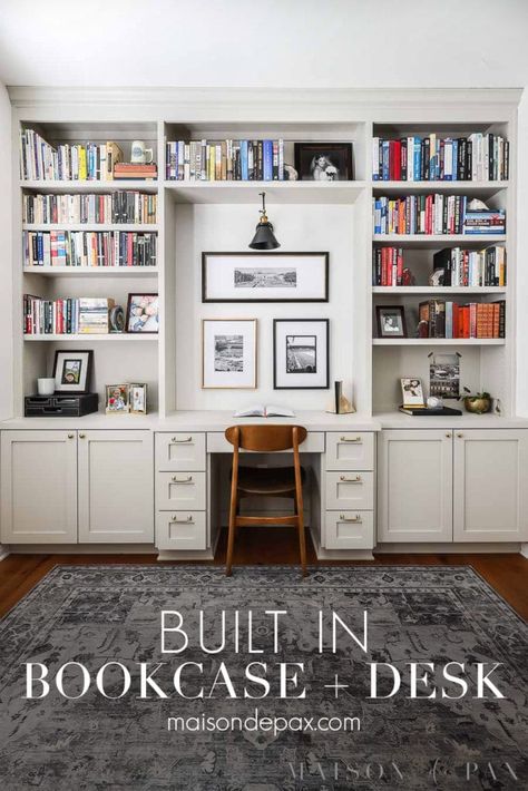 Built In Desk And Shelves, Office Bookshelves, Office Built Ins, Bookcase Desk, Blackbird Designs, Bookcase Design, Library Office, Home Library Design, Bookshelf Desk