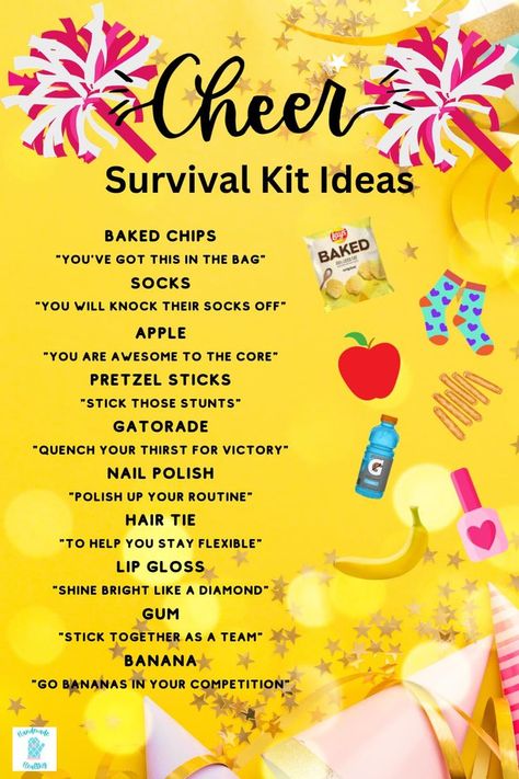 cheer snack bag ideas Cheer Survival Kit Ideas, Snack Bag Ideas, Cheerleading Snacks, Cheer Survival Kit, Cute Cheer Gifts, Cheer Gift Bags, Survival Kit Ideas, Cheerleading Team Gifts, Cheer Snacks