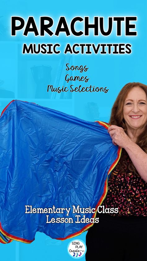 Five parachute music and movement activities K-5 ideas! In today's post I'm sharing five music activities you can use to learn music concepts.  I'm using classical music in this teaching tutorial to teach beat, fast/slow, loud/soft, a story song and a calm down activity using games and movement with the parachute.  LEARN MORE Dance Activities For Children, Music Study Preschool, Parachute Songs, Parachute Activities, Wednesday Music, Music And Movement Activities, Kindergarten Music Lessons, Kodaly Songs, Loud Soft