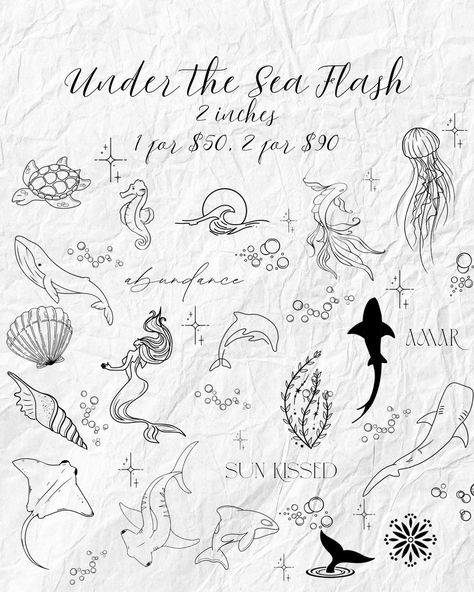 🌿Under the Sea Flash — prices only for designs shown. 📍Bakersfield, Ca #flashdesigns #seacreatures #seaanimals #finelinetattoos New Flash Tattoo, Sea Back Tattoo, Mermaid Fine Line, Ocean Creatures Tattoo, Little Fish Tattoo, Water Inspired Tattoo, Fine Line Ocean Tattoo, Sea Related Tattoos, Dreaming Tattoo