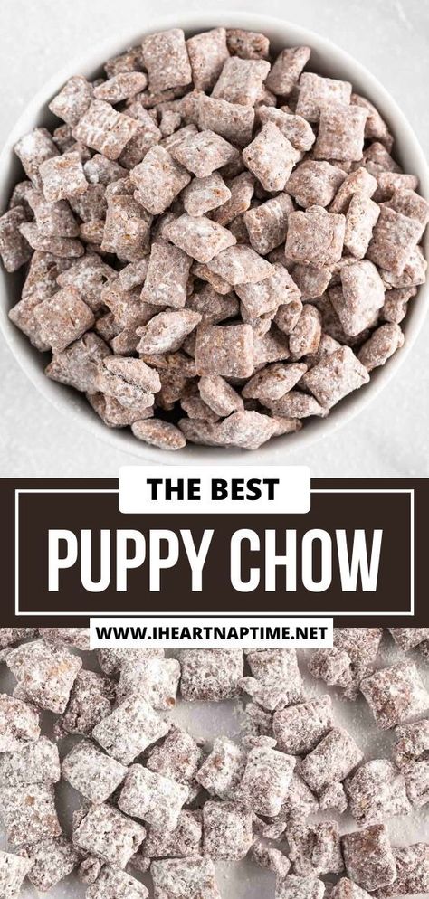 Chocolate and peanut butter coated cereal dusted in powdered sugar make this puppy chow recipe irresistible. This snack is perfect for a last minute dessert! Puppy Chow Dessert, Snoopy Snacks, Chex Mix Recipes Christmas, Easy Puppy Chow Recipe, Best Puppy Chow Recipe, Easy Puppy Chow, Puppy Chow Mix, Puppy Chow Snack, Sweet Chex Mix