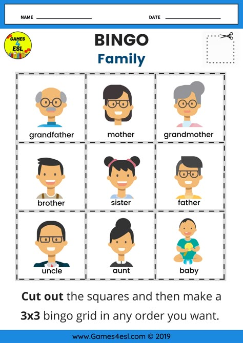 This ESL worksheet about family is a fun bingo worksheet to teach English words about family. Download and use in class today. Teaching Family Members Activities, Learning About Family Activities, Members Of The Family Worksheet For Kids, Family English Worksheet, Family Vocabulary English, Family Members Worksheet For Kids, Family Worksheet Preschool, My Family Worksheets For Kids, Teaching About Family