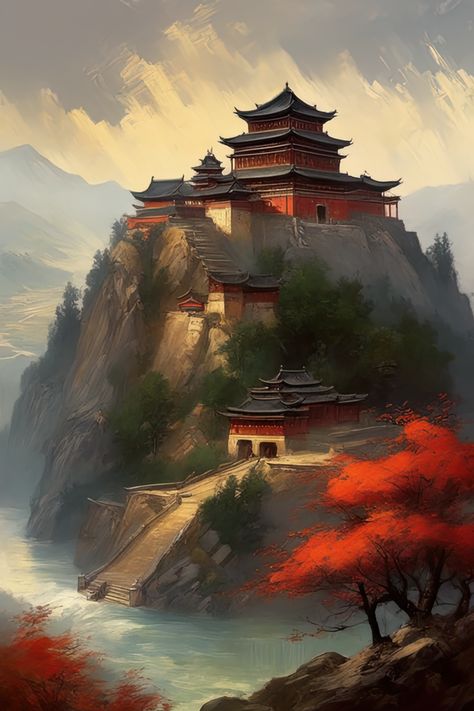 Step into a realm of ancient tranquility with this classic Chinese painting. A monastery perches gracefully on a rocky hill, its time-honored architecture a testament to spiritual harmony. Below, a river winds through a vast valley, nature and architecture melding in a serene dance that evokes a sense of reverence and awe. Fantasy Monastery, Chinese Monastery, Nature And Architecture, Art Scenery, Rocky Hill, India Architecture, Ancient Paintings, Scenery Paintings, Chinese Painting