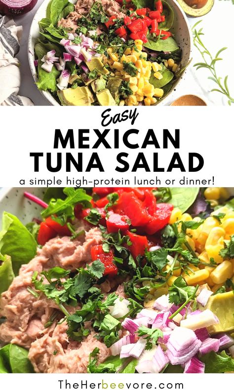 Mexican Tuna Salad Recipe, Lime Vinaigrette Dressing, Mexican Tuna Salad, Mexican Tuna, Low Carb Tuna Salad, Protein Lunches, Salad Bowl Recipes, Roasted Bell Peppers, Healthy Tuna Salad