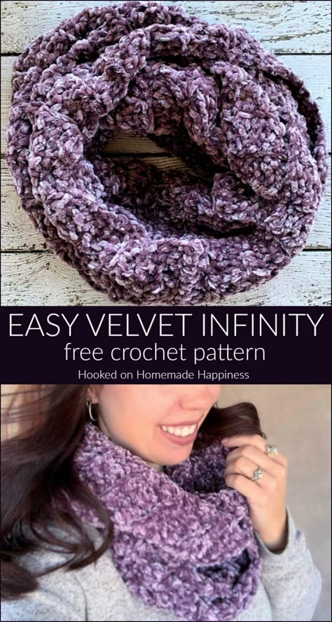 Easy Velvet Infinity Scarf Crochet Pattern | Hooked on Homemade Happiness Crochet Infinity Scarf Free Pattern, Infinity Scarf Crochet Pattern, Bernat Velvet, Infinity Scarf Crochet, Crochet Infinity Scarf Pattern, Crochet Cowl Free Pattern, Infinity Scarf Pattern, Crochet Cowl Pattern, Crochet Scarf Pattern Free