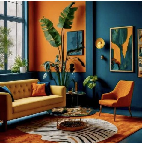 Orange Sofas Living Room Ideas, Orange And Gray Living Room, Vibrant Office, Deco Orange, Monochromatic Room, Studio Apartment Design, Home Decor Shelves, Interior Color Schemes, Colourful Living Room