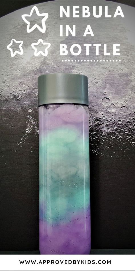 Nebula in a Bottle (or Galaxy in a Bottle) - This sensory bottle is so easy to make and your kids will love it!  The perfect galaxy or space themed craft for parties or classroom activities. It even works in a jar! Galaxy Jar Craft, Galaxy Classroom Theme, Calm Bottle, Galaxy Bottles, Galaxy Sensory Bottle, Galaxy Classroom, Galaxy In A Jar, Rainbow Sensory Bottles, Sensory Bottles Preschool