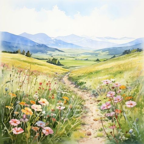 Watercolour Flower Field, Art Sources, Watercolor Meadow, Watercolour Clipart, Landscape Painting Watercolor, Hymn Art, Spring Scenery, Watercolour Ideas, Painting Landscapes