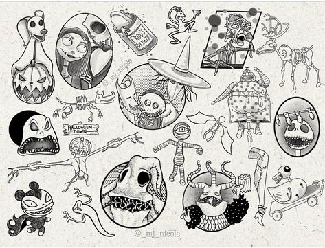 Tim Burton Tattoo Flash Sheet, Sally And Emily Tattoo, Tim Burton Flash Sheet, Tim Burton Fine Line Tattoo, Nightmare Before Christmas Flash Sheet, Halloween Cartoon Tattoo, Tim Burton Hand Tattoo, Tattoo Ideas With Shading, Small Tattoos With Shading