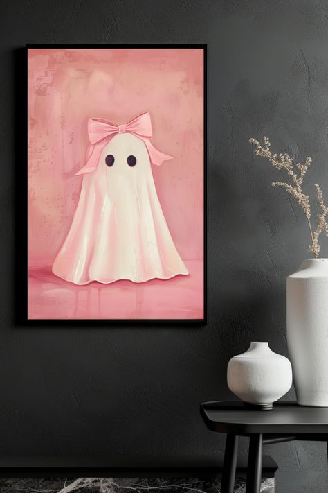 Add a touch of whimsy to your collection with our cute sheet ghost painting! Featuring a girly coquette ghost adorned with a vintage pink bow on her head, set against a perky pink background. Available in our premium print collection for just $2 each or 3 for $5 on my Ko-fi shop. Coquette Painting Ideas, Halloween Shuffle, Halloween Coquette, Ghost Painting, Girly Coquette, Sheet Ghost, Pink Ghost, Ghost Print, Ghost Pictures