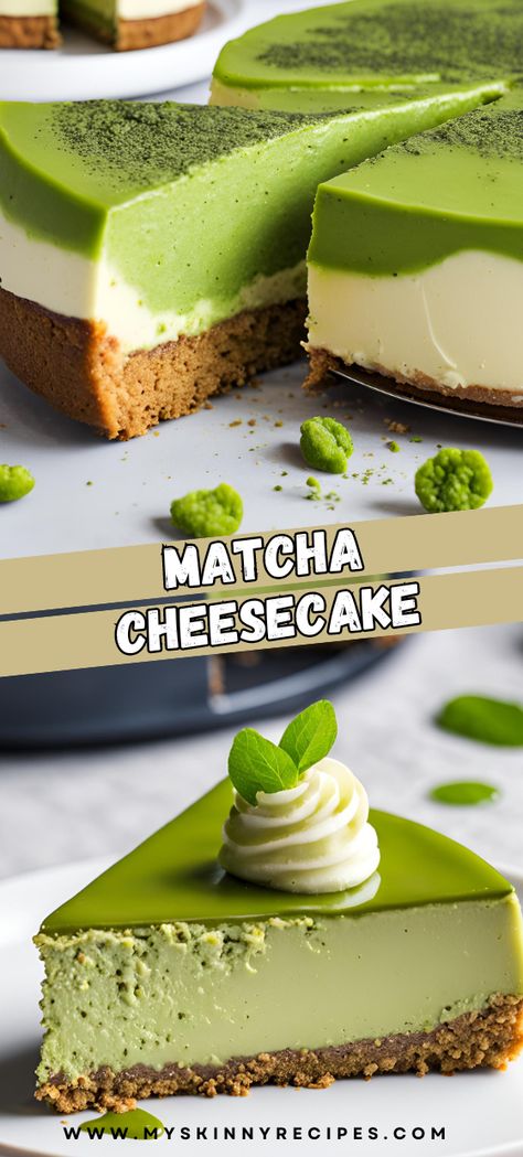 ndulge in the rich harmony of creamy cheesecake infused with the delicate bitterness of matcha green tea. 🍵✨ This stunning dessert combines smooth textures with a vibrant green hue, perfect for adding a touch of elegance to any occasion. #MatchaCheesecake #DessertRecipes #GreenTeaLover #SpecialOccasions#myskinnyrecipes Matcha Cheesecake Recipe, Green Tea Cheesecake, Matcha Cheesecake, Matcha Dessert, Matcha Recipe, Cheesecake Filling, Elegant Desserts, Cream Tea, Nutritious Snacks