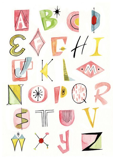 Mid Century Font Alphabet, Mid Century Lettering, Fun Lettering Ideas, Mid Century Font Typography, Fun Alphabet Fonts, Mid Century Modern Font, Funky Fonts Alphabet, Aesthetic Alphabet Letters, Midcentury Font