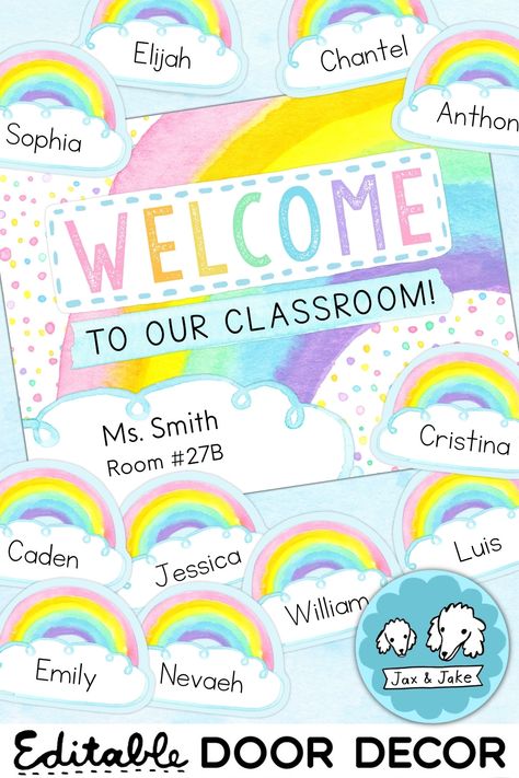 Editable Pastel Rainbow Watercolor Door Decor, Welcome Sign, Name Labels, Cubby Tags Welcome Door Classroom, Back To School Door Decorations, Watercolor Door, Pastel Door, Back To School Door, Teacher Door Decorations, Teacher Classroom Sign, Classroom Name Tags, Cubby Tags