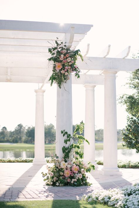 Pillar Decorations Columns, White Spirea, Cappuccino Rose, Vendela Rose, Variegated Pittosporum, Quicksand Rose, Pillar Decor, Peach Stock, Pillar Decorations