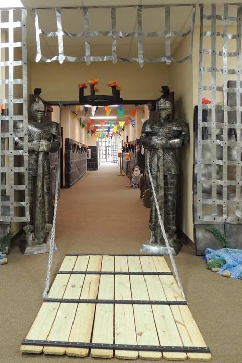 Diy Drawbridge, Drawbridge Diy, Cardboard Bridge, Mighty Fortress Vbs, Castle Decorations, Castle Vbs, Draw Bridge, Kingdom Vbs, Knight Birthday Party