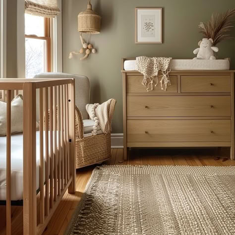 Natural Tone Nursery, Natural Wood Crib Nursery Color Schemes, Nursery Room Gender Neutral, Neutral Nature Nursery, Green And Brown Nursery Boys, Gender Neutral Nursery Aesthetic, Neutral Earthy Nursery, Earthy Boy Nursery, Timeless Nursery Gender Neutral