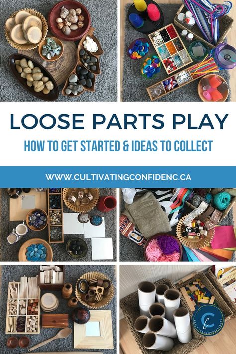 Title says, Loose Parts Play, how to get started and ideas to collect on a blue background. 6 images consisting of loose parts that include rocks, tree cookies, shells, cd's, cups, straws, hangers, fabrics, glass stones, mirrors, cardboard tubes, wooden blocks.  Items are in different baskets and trays on a grey rug in the background. Loose Parts Ideas, Loose Parts Storage, Loose Parts Play Ideas, Baby Room Ideas Early Years, Play School Activities, Forest Classroom, Loose Parts Play, Reggio Inspired Classrooms, Parts Storage