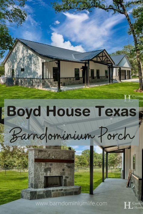 Porches are great for more than just making your home exterior look good. Exactly what the owners of the Boyd House Texas Barndominium had in mind, so they made the back porch even cozier with a gorgeous stone fireplace! Shed Homes Ideas, Texas Barndominium, Metal Building House Plans, Barn Homes Floor Plans, Metal Building Home, Shed Home, Homes Ideas, Pole Barn House Plans, Barn Style House Plans