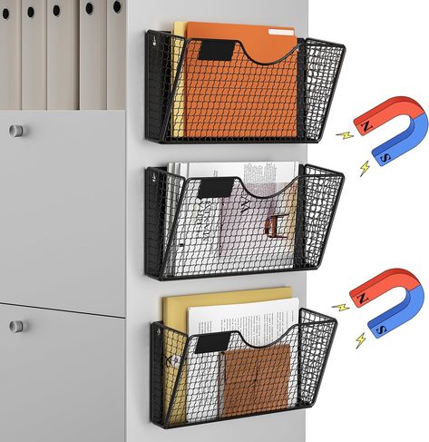 Each magnet file organizer has a large magnet on the back to provide the stable and strong magnetic suction, and each file holder can hold up to 13 lb, so you don’t have to worry about it falling off. Disclousure- affiliate link Small Office Organization, Filing Cabinet Organization, Wall File Organizer, Magazine Basket, Home Command Center, Mail Organizer Wall, File Folder Organization, Cute Office Decor, Wall File