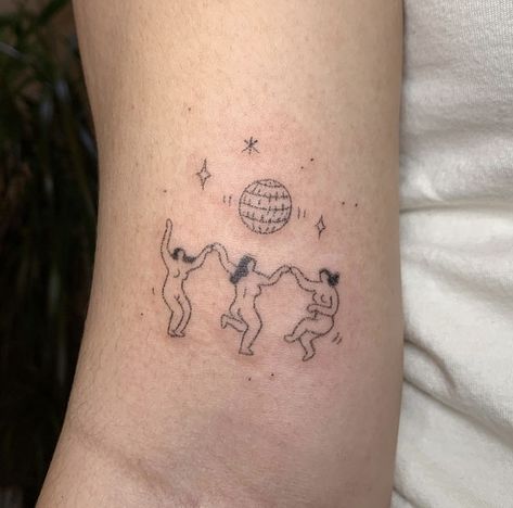 Matching Couple Stick And Pokes, 3 People Dancing Tattoo, Dance It Out Tattoo, Three People Dancing Tattoo, Two People Dancing Tattoo, 4 People Tattoo Ideas, Famous Artwork Tattoo, Women Dancing Tattoo, Ppg Tattoo