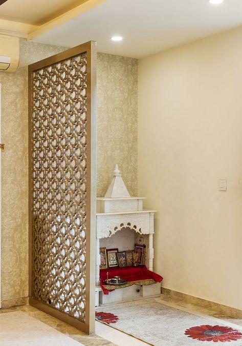 pooja-room-partition-design-ideas-for-homes Pooja Room Ideas Indian, Indian Room Decor, Drawing Room Decor, Colourful Living Room Decor, Temple Design For Home, Hall Interior Design, Pooja Room Door Design, Pooja Room Design, Room Door Design