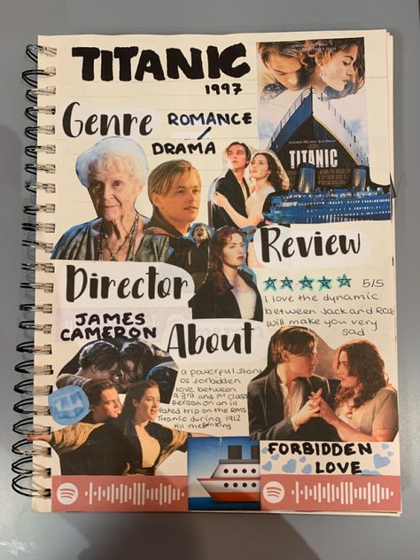 Movie Scrapbook Ideas, How To Make A Film Journal, Movie Journal Ideas, Movie Journal Aesthetic, Movie Scrapbook Page Ideas, Film Journal Ideas, Film Journal Aesthetic, Titanic Scrapbook, Movies Journal Page