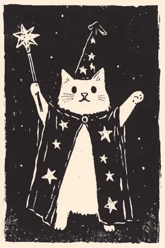 ↑↑↑ Larger size on website 🔸 The image is a black and white linocut print of a cat dressed as a wizard. The cat is wearing a poin Simple Linocut, Linocut Illustration, Adorable Drawings, Pictures Of Pets, Wizard Cat, Funny Animal Pics, Lino Art, Cast A Spell, Linocut Art